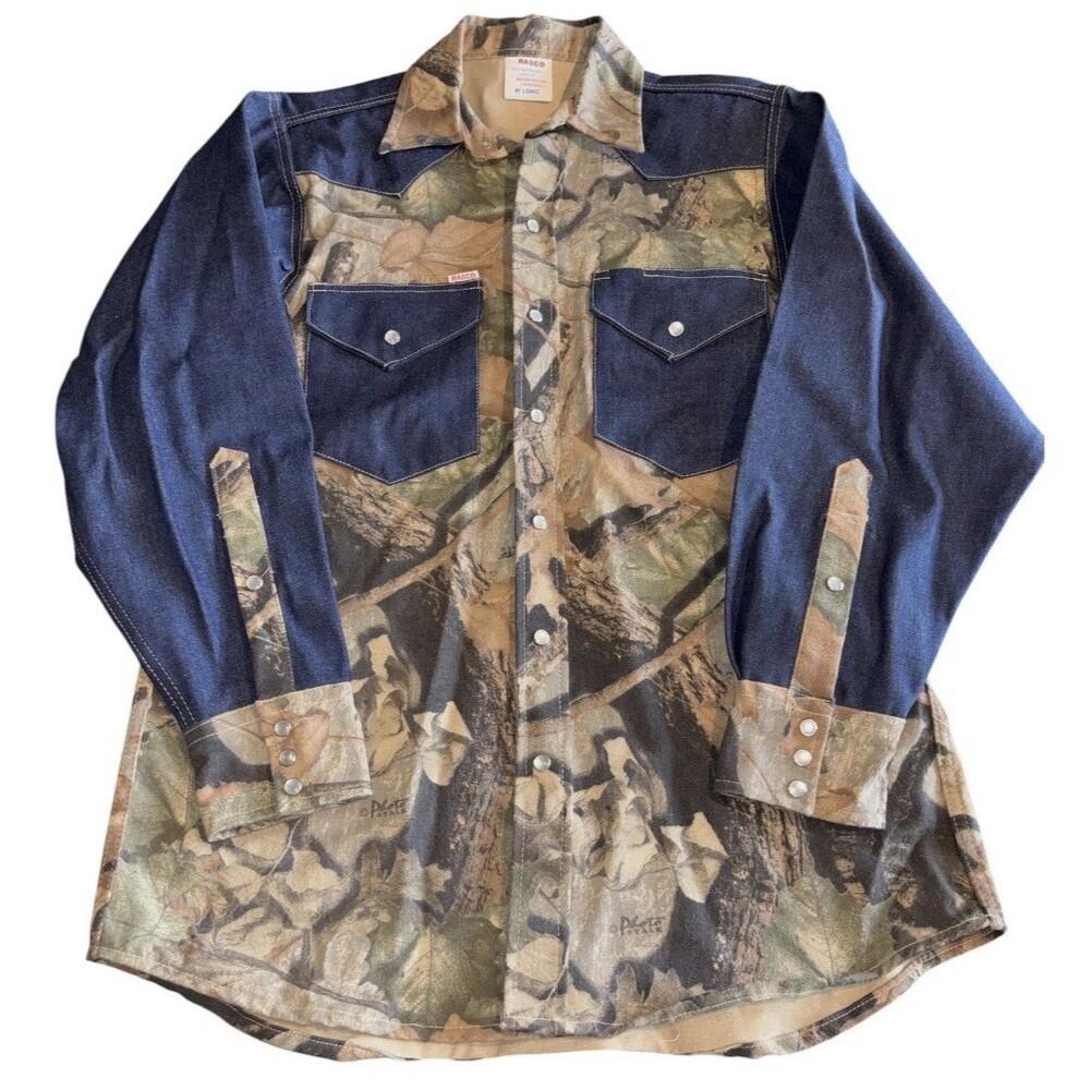 Rasco FR Flame Resistant Shirt Mens M Medium Camo Denim Pearl Snap Long Sleeve